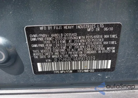 2010 Subaru Forester 2.5X from USA, damaged, VIN JF2SH6BC9AH903019
